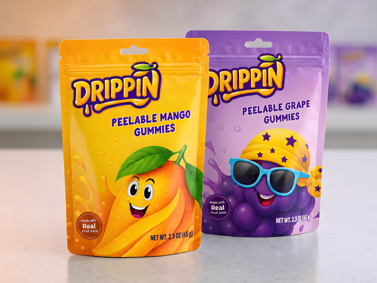 Drippin Mango and Grape peelable gummies pouch packaging