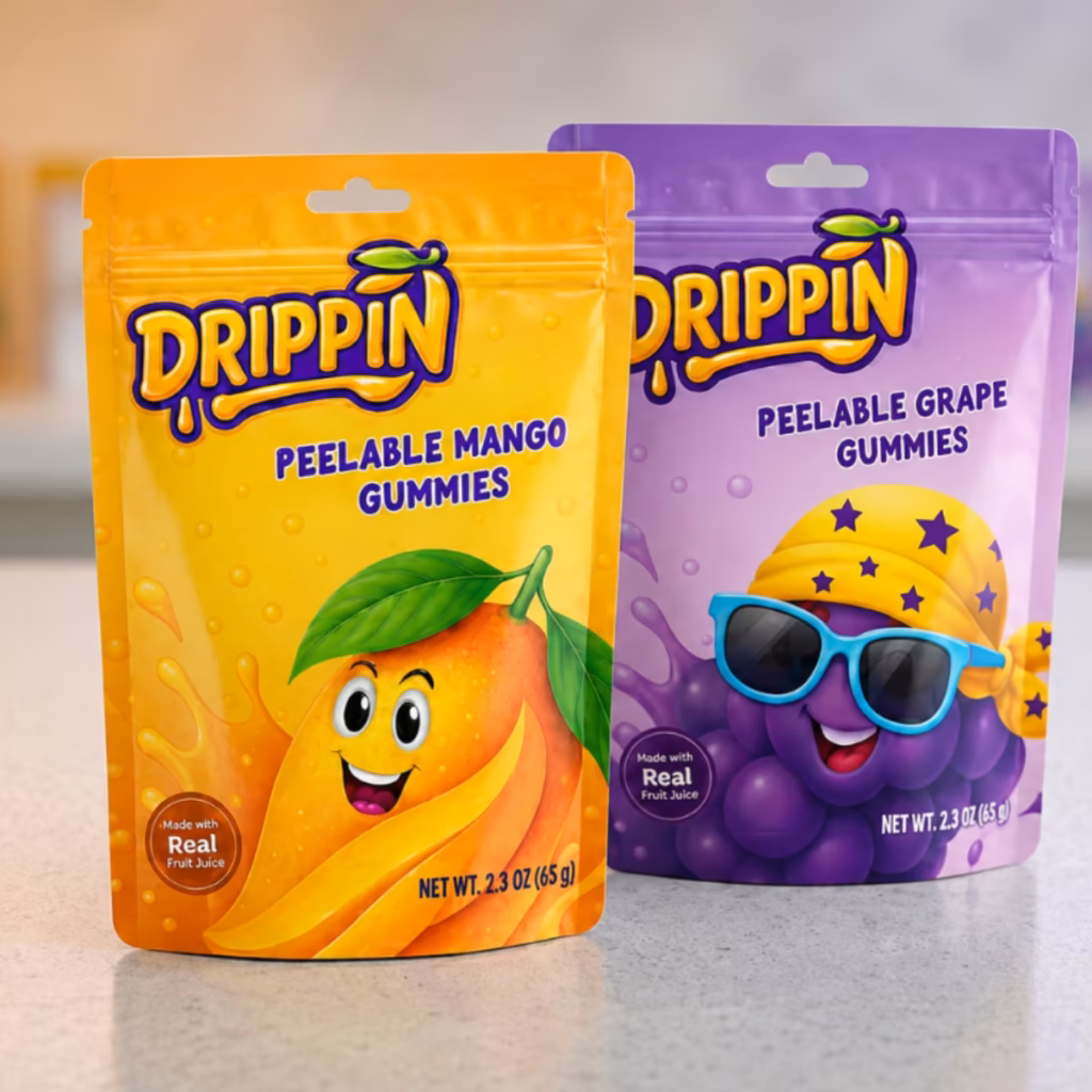 Drippin mango and grape peelable gummies pouch design for Haider Essentials by Saj Creative