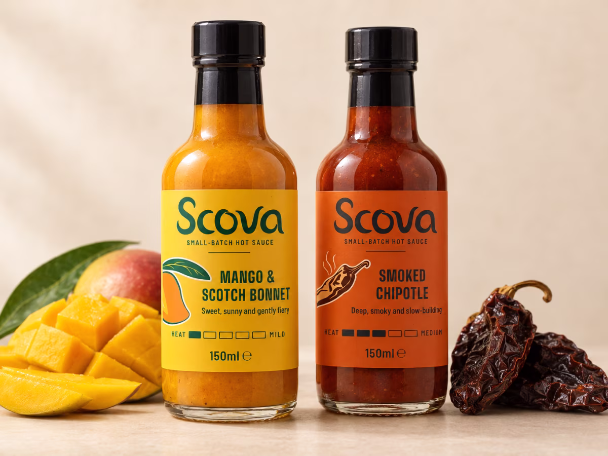 Scova small-batch hot sauce bottle label design