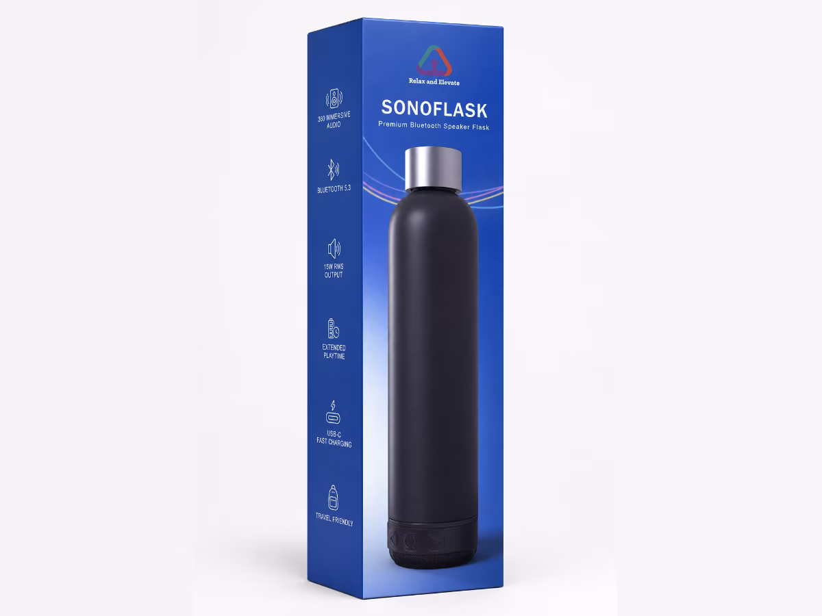 Sonoflask Bluetooth speaker flask retail carton packaging