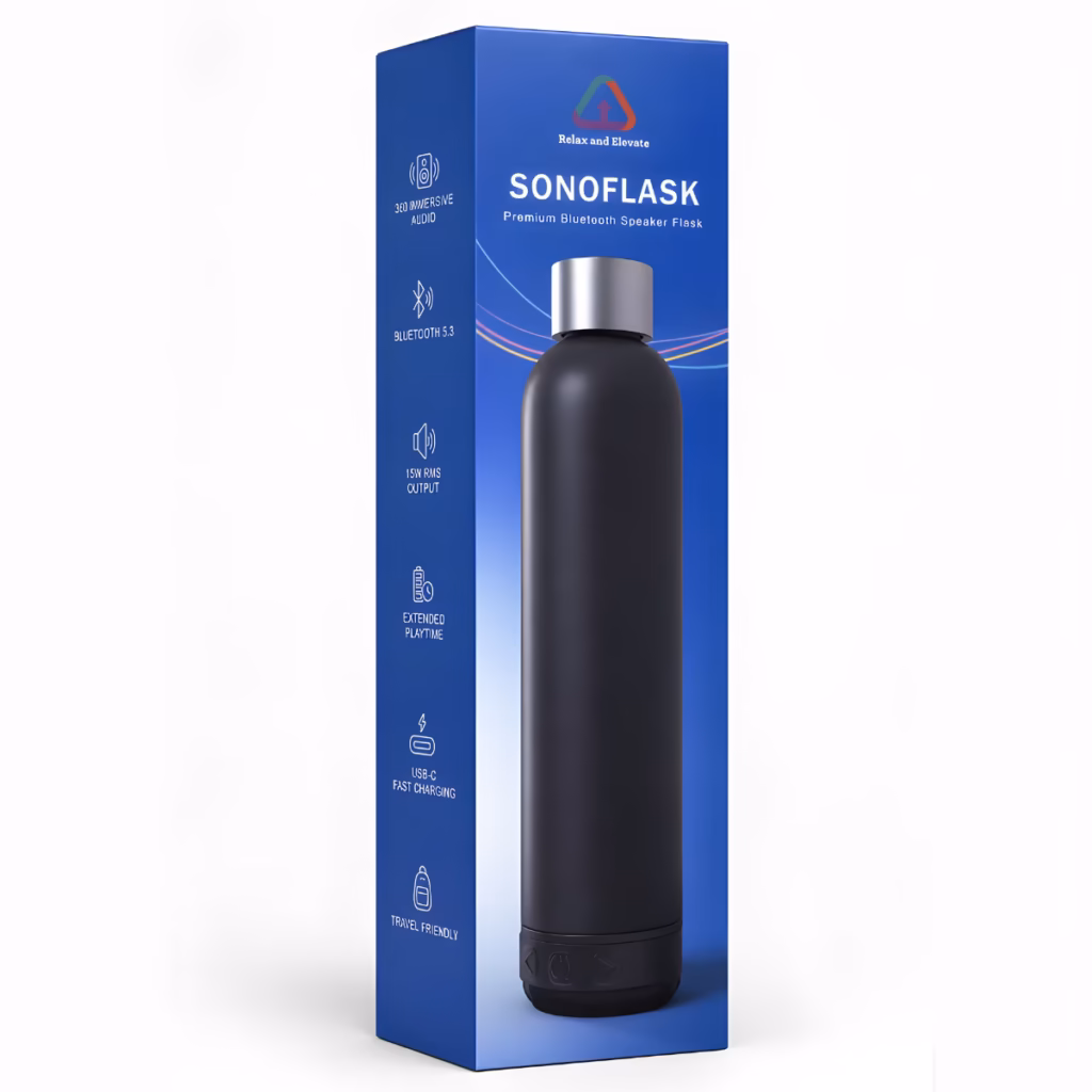 Sonoflask Bluetooth speaker box packaging design for Relax and Elevate by Saj Creative